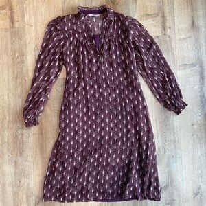 Summum Collection Purple Metallic Paisley Midi Dress Balloon Sleeve Ruffle Neck